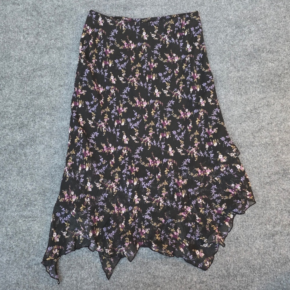 Vintage Whimsigoth Black Floral Asymmetrical Hem Midi Skirt Size M